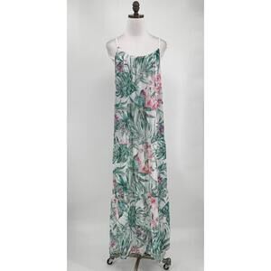 Elena Baldi Green Pink Tropical Print Silk Blend Tiered Long Maxi Dress Sz L